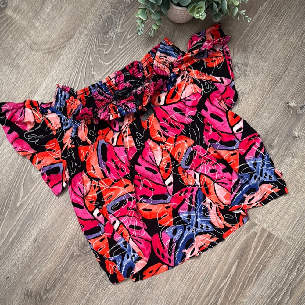Tommy Hilfiger Pink and Red Abstract Off-Shoulder Top